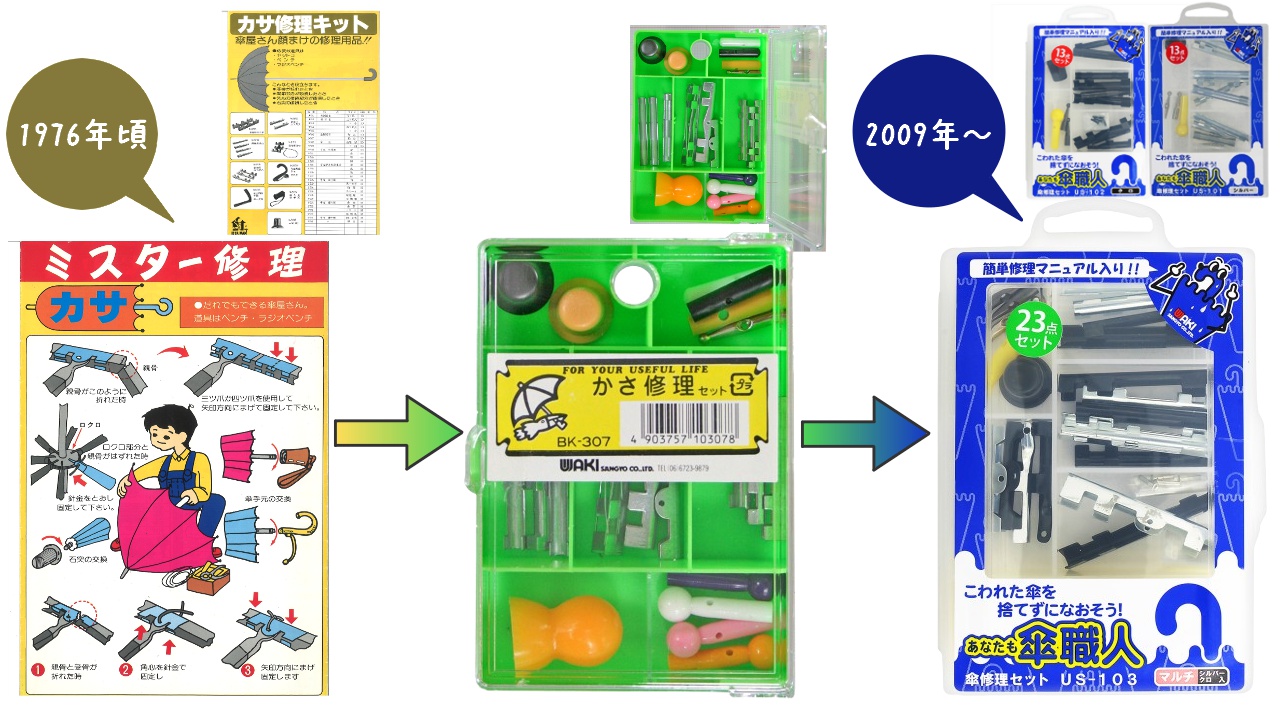 傘修理キット変遷「ミスター修理→かさ修理セット→傘職人」